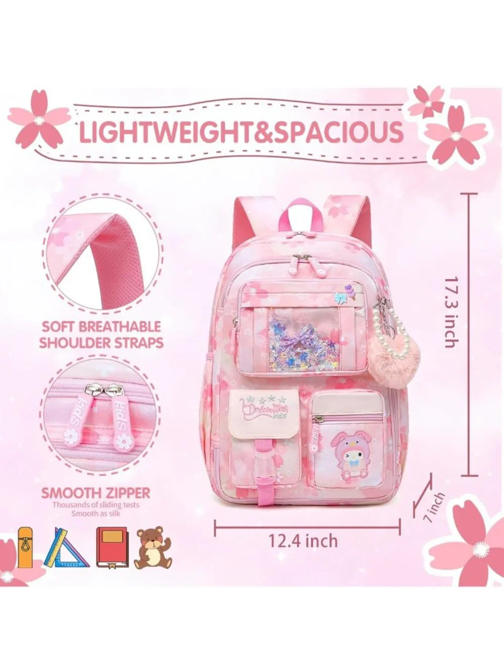 Chic Pink Girls Backpack for School - Splash-Proof, Multi-Pocket Book Bag, 17